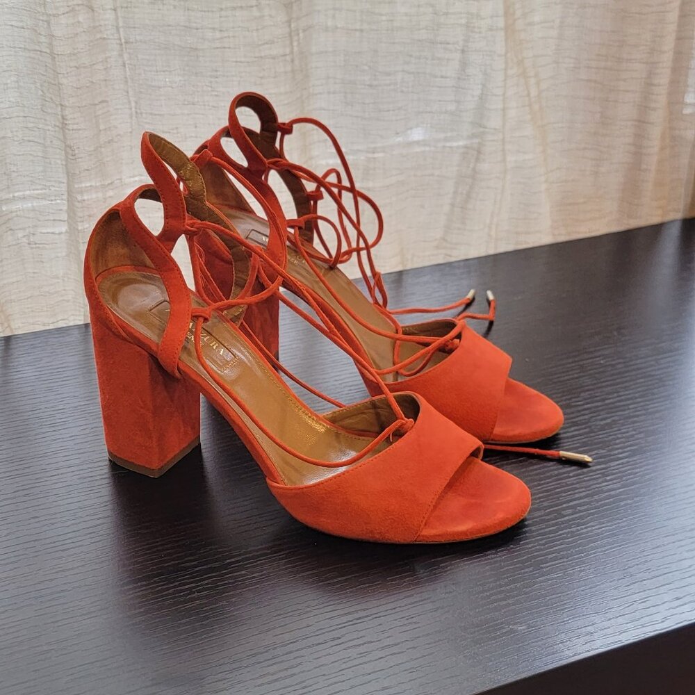 Aquazzura Austin 85 Red Suede Leather Open Toe Block Heel Ankle Tie Heels 38.5